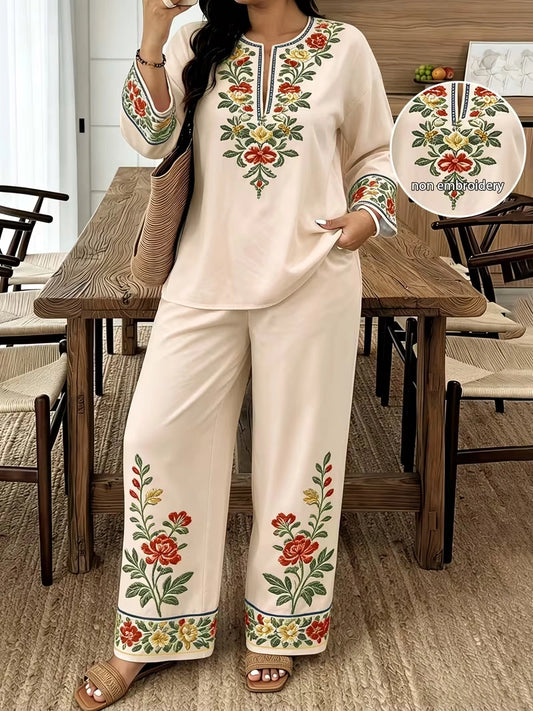 Women's Vintage Floral V-Neck Co-Ord Set with Relaxed Wide-Leg Pants
