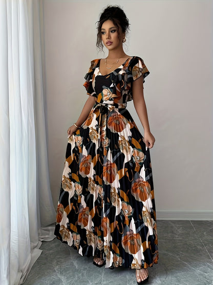 Women’s Floral Printed Pleated Maxi Dress