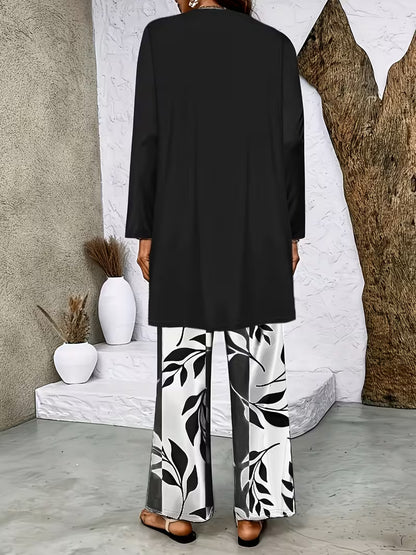 Women's 3-Piece Printed Co-Ord Set | Cardigan, Tank Top & Wide-Leg Pants