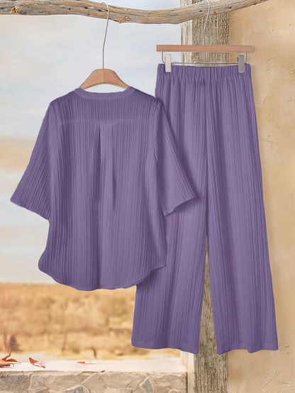 Women’s Solid Button-Down Shirt & Pant Set