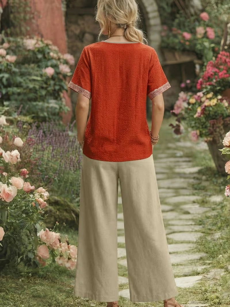 Women's Vintage Floral V-Neck Co-Ord Set with Relaxed Wide-Leg Pants