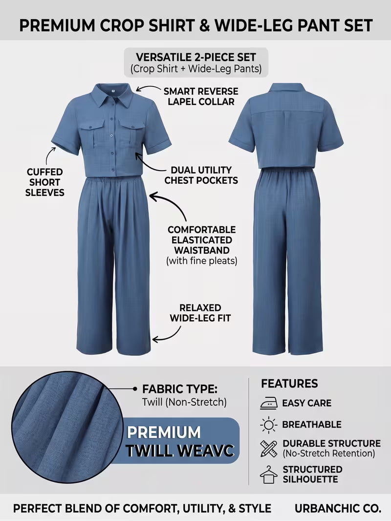 Women's Solid Lapel 2-Piece Co-Ord Set | Elegant Shirt & Wide-Leg Pants Outfit