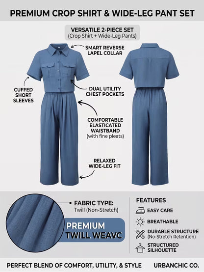 Women's Solid Lapel 2-Piece Co-Ord Set | Elegant Shirt & Wide-Leg Pants Outfit