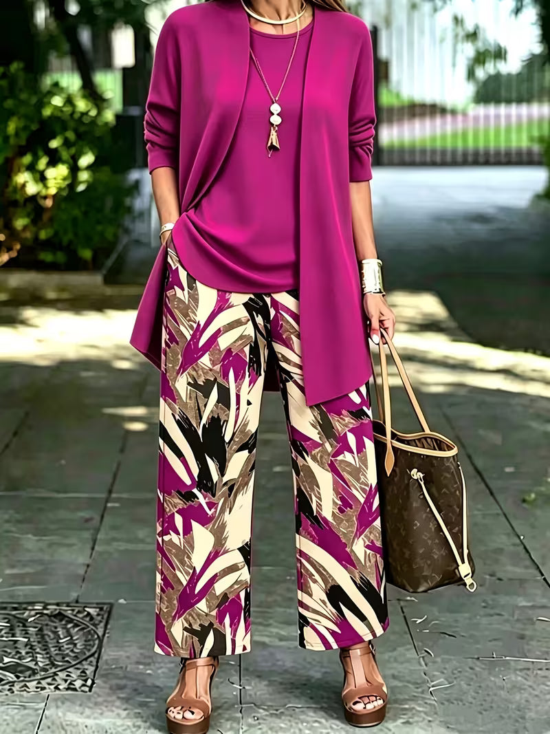Women's 3-Piece Printed Co-Ord Set | Cardigan, Tank Top & Wide-Leg Pants