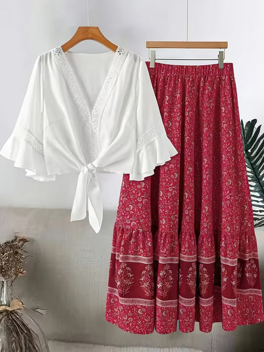 Chic Plus Size Lace Trim Two-Piece Set | Casual & Vacation Wear