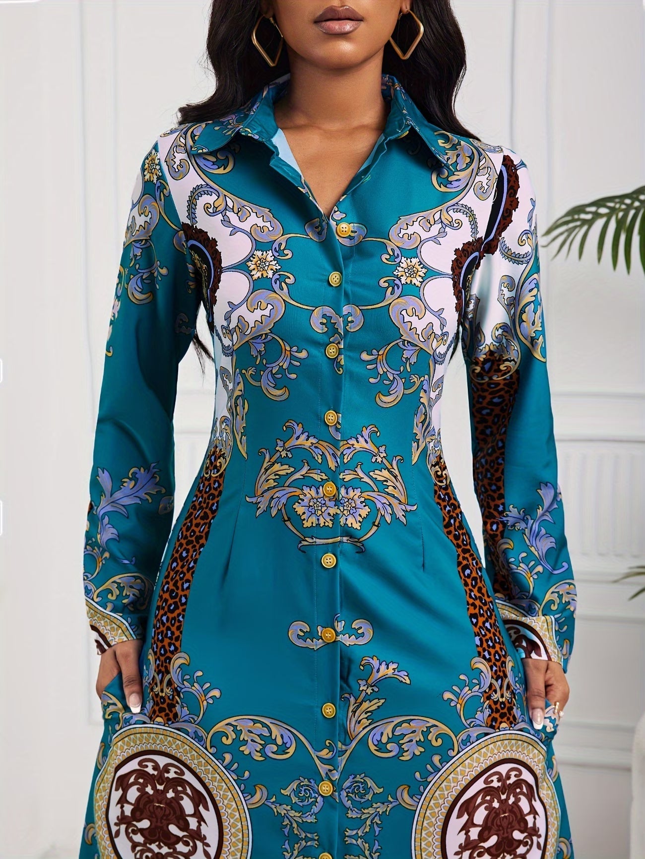 Tribal Print Lapel Button-Front Dress