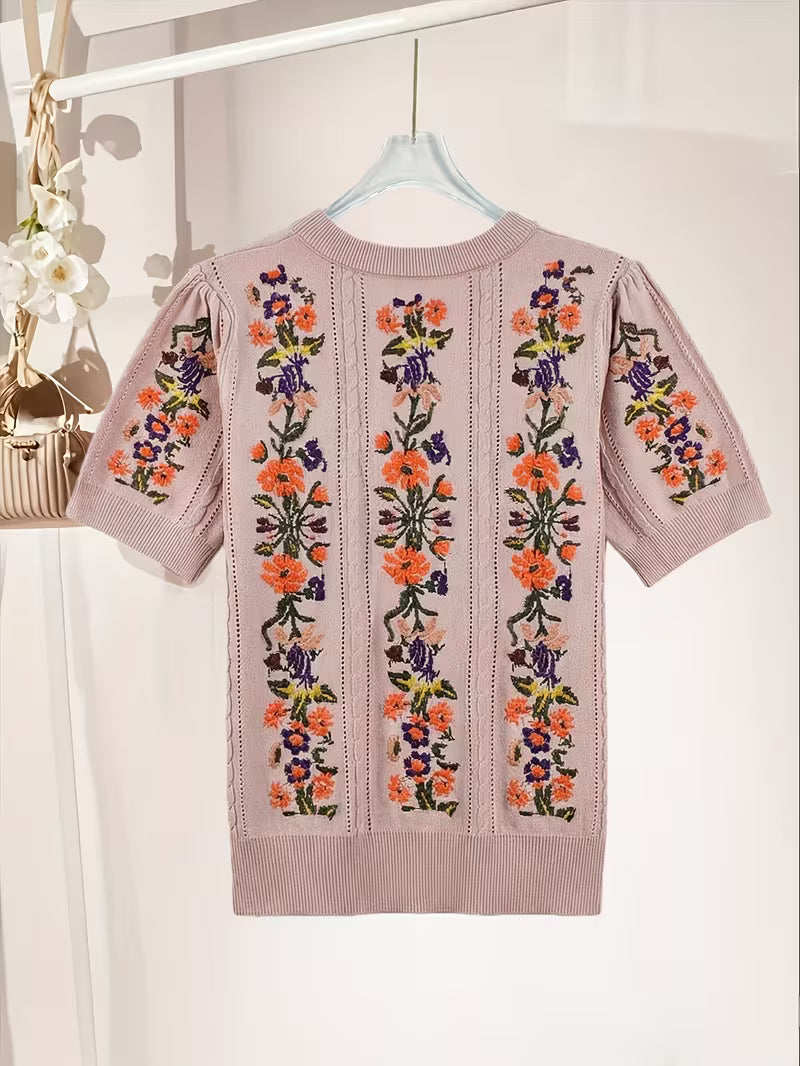 Rose Embroidery Top & Midi Skirt Set