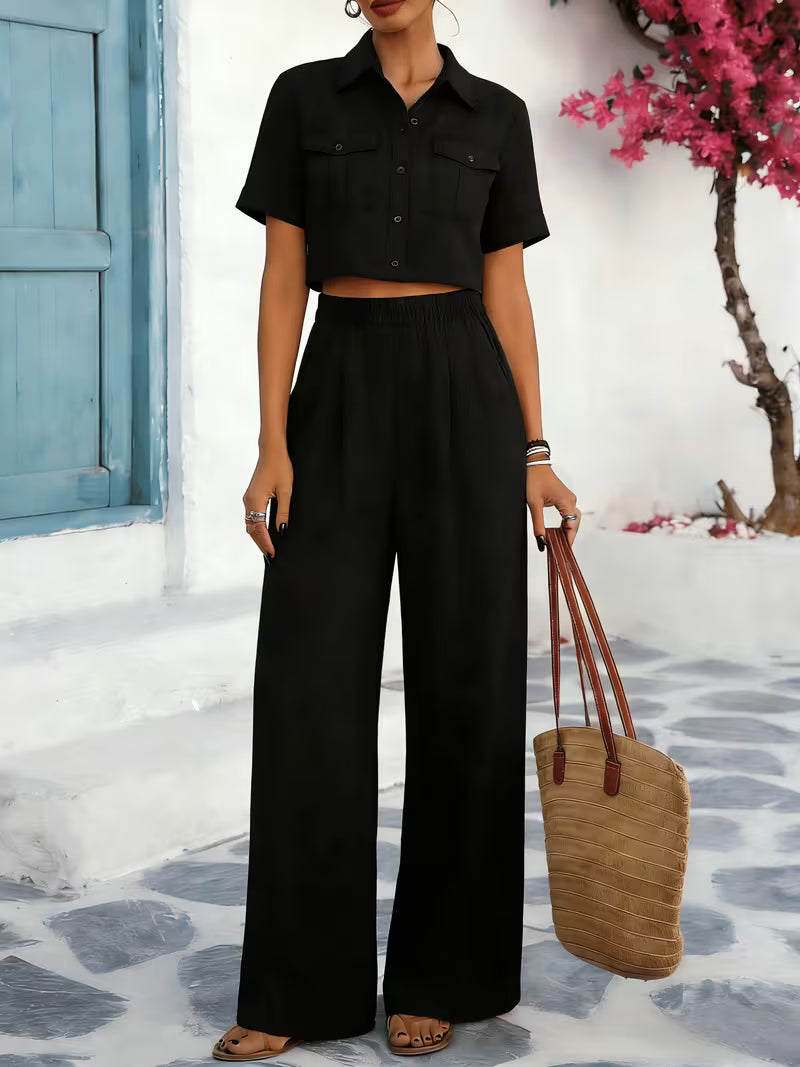 Women's Solid Lapel 2-Piece Co-Ord Set | Elegant Shirt & Wide-Leg Pants Outfit