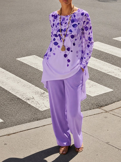 Women's Plus Size Leaf Print Top & Wide-Leg Pants Set
