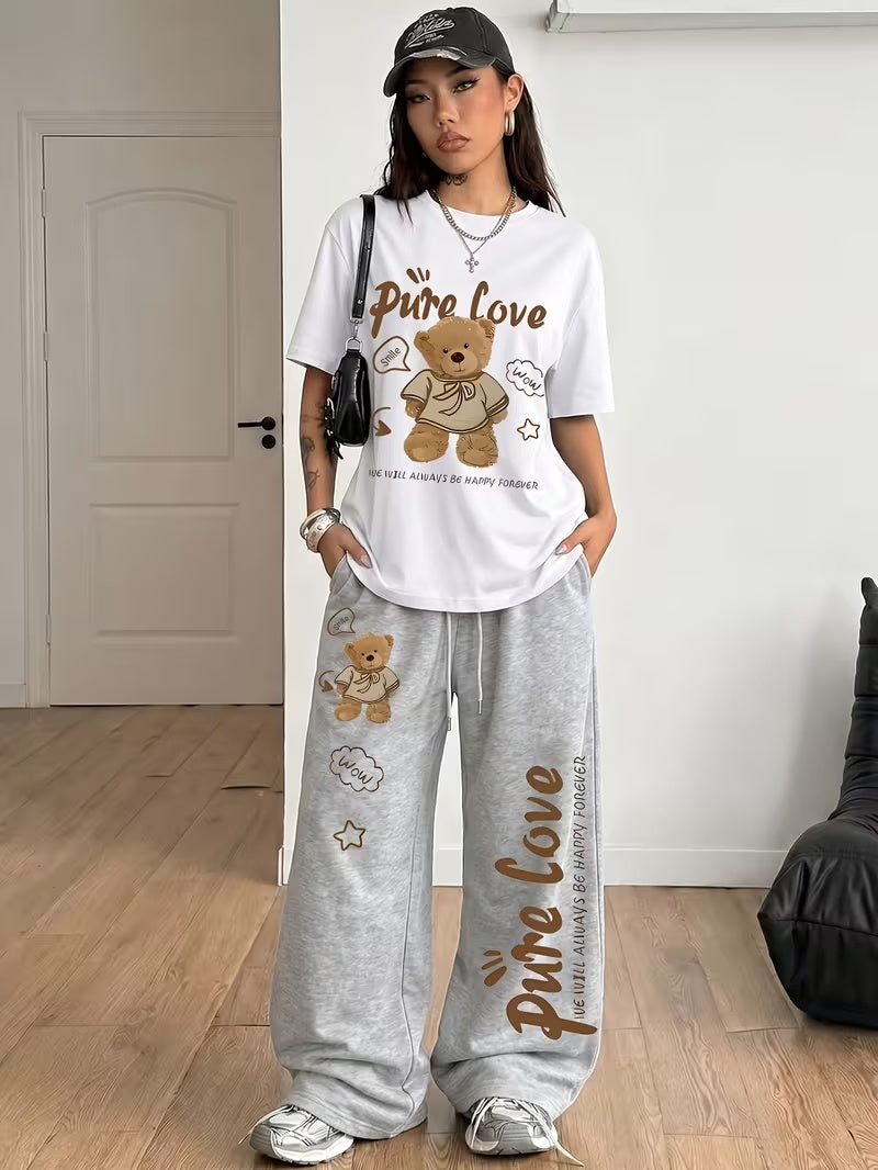 Women's Summer Bear Print Lounge Set – Soft Oversized T-Shirt with Drawstring Pants