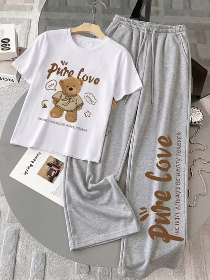 Women's Summer Bear Print Lounge Set – Soft Oversized T-Shirt with Drawstring Pants