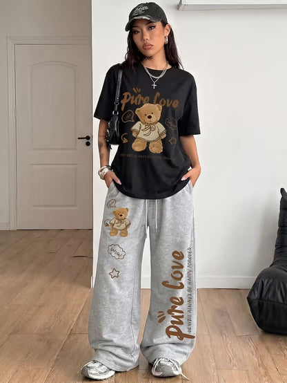 Women's Summer Bear Print Lounge Set – Soft Oversized T-Shirt with Drawstring Pants