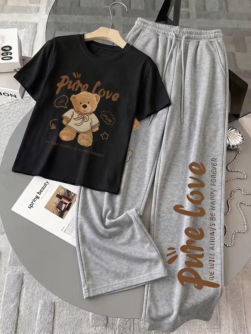 Women's Summer Bear Print Lounge Set – Soft Oversized T-Shirt with Drawstring Pants