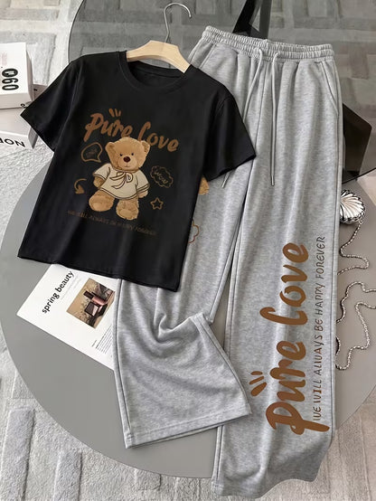 Women's Summer Bear Print Lounge Set – Soft Oversized T-Shirt with Drawstring Pants