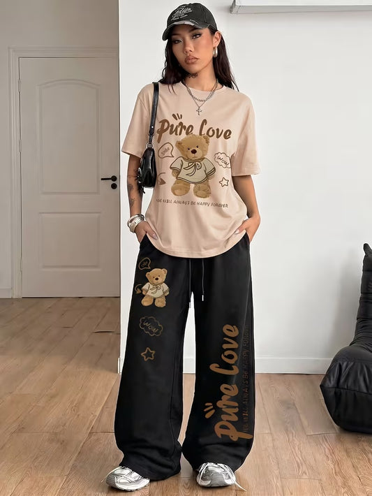 Women's Summer Bear Print Lounge Set – Soft Oversized T-Shirt with Drawstring Pants