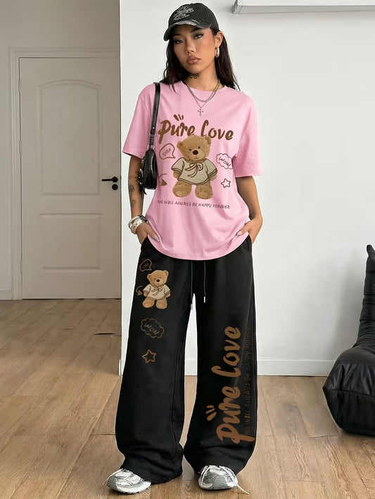 Women's Summer Bear Print Lounge Set – Soft Oversized T-Shirt with Drawstring Pants