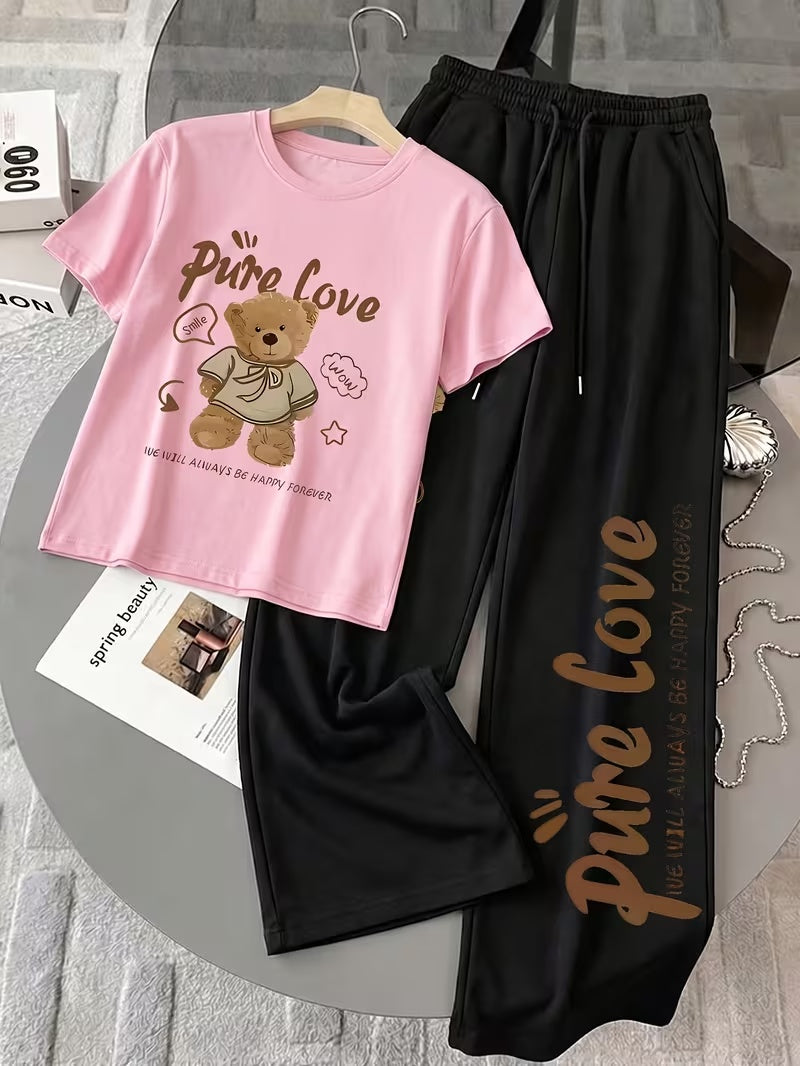 Women's Summer Bear Print Lounge Set – Soft Oversized T-Shirt with Drawstring Pants