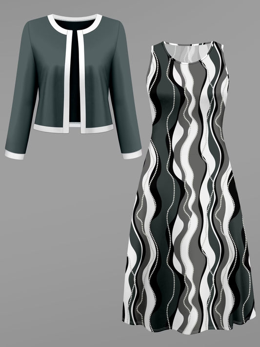 Women's Abstract Print 2-Piece Maxi Dress Set | Elegant Jacket Co-Ord