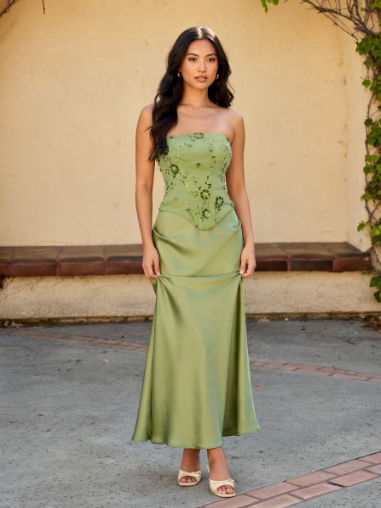 Floral Embellished Corset Top & Satin Mermaid Maxi Skirt Set