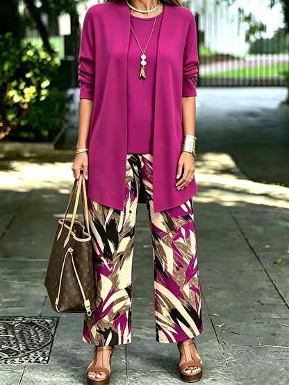Women's 3-Piece Printed Co-Ord Set | Cardigan, Tank Top & Wide-Leg Pants