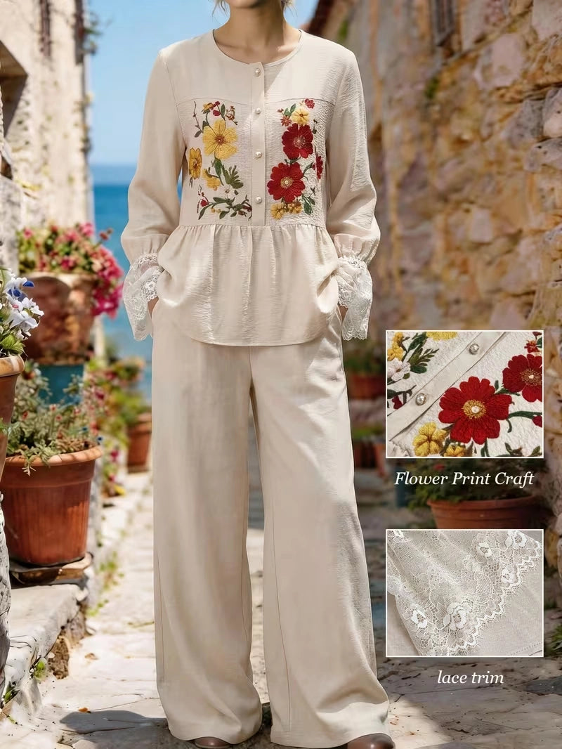 Women's Vintage Floral V-Neck Co-Ord Set with Relaxed Wide-Leg Pants