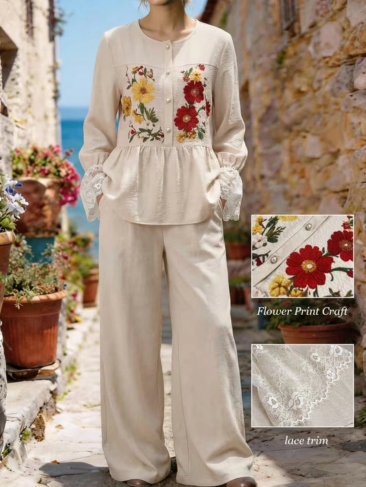 Women's Vintage Floral V-Neck Co-Ord Set with Relaxed Wide-Leg Pants