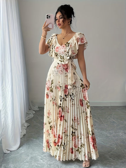 Women’s Floral Printed Pleated Maxi Dress