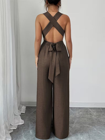 Elegant Cross-Back Wide Leg Jumpsuit for Women – Sleeveless Backless Casual Party Romper