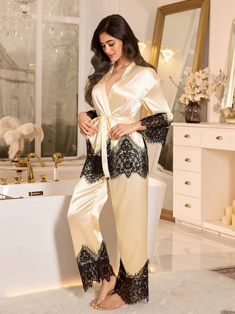 Elegant Lace Trim Robe & Pajama Set