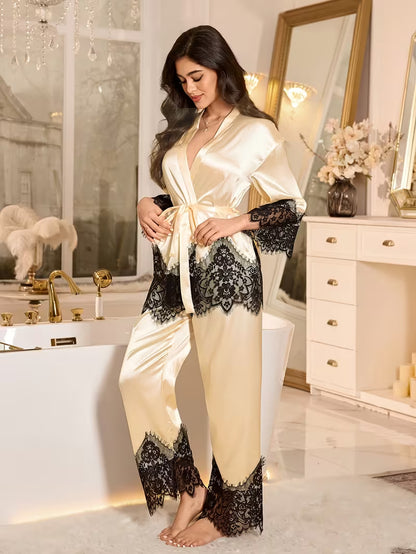 Elegant Lace Trim Robe & Pajama Set