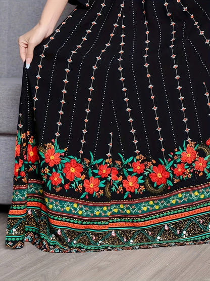 Women's Bohemian Ethnic Print Maxi Dress with Flowing Hem