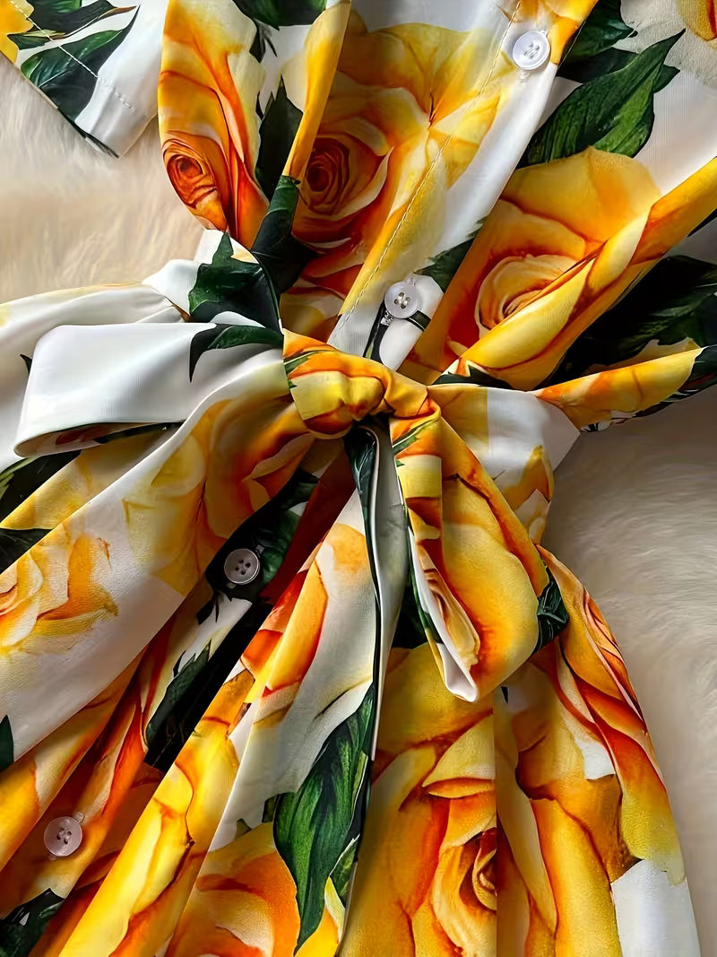 Women's Premium Floral Belted Midi Dress