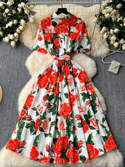 Women's Premium Floral Belted Midi Dress