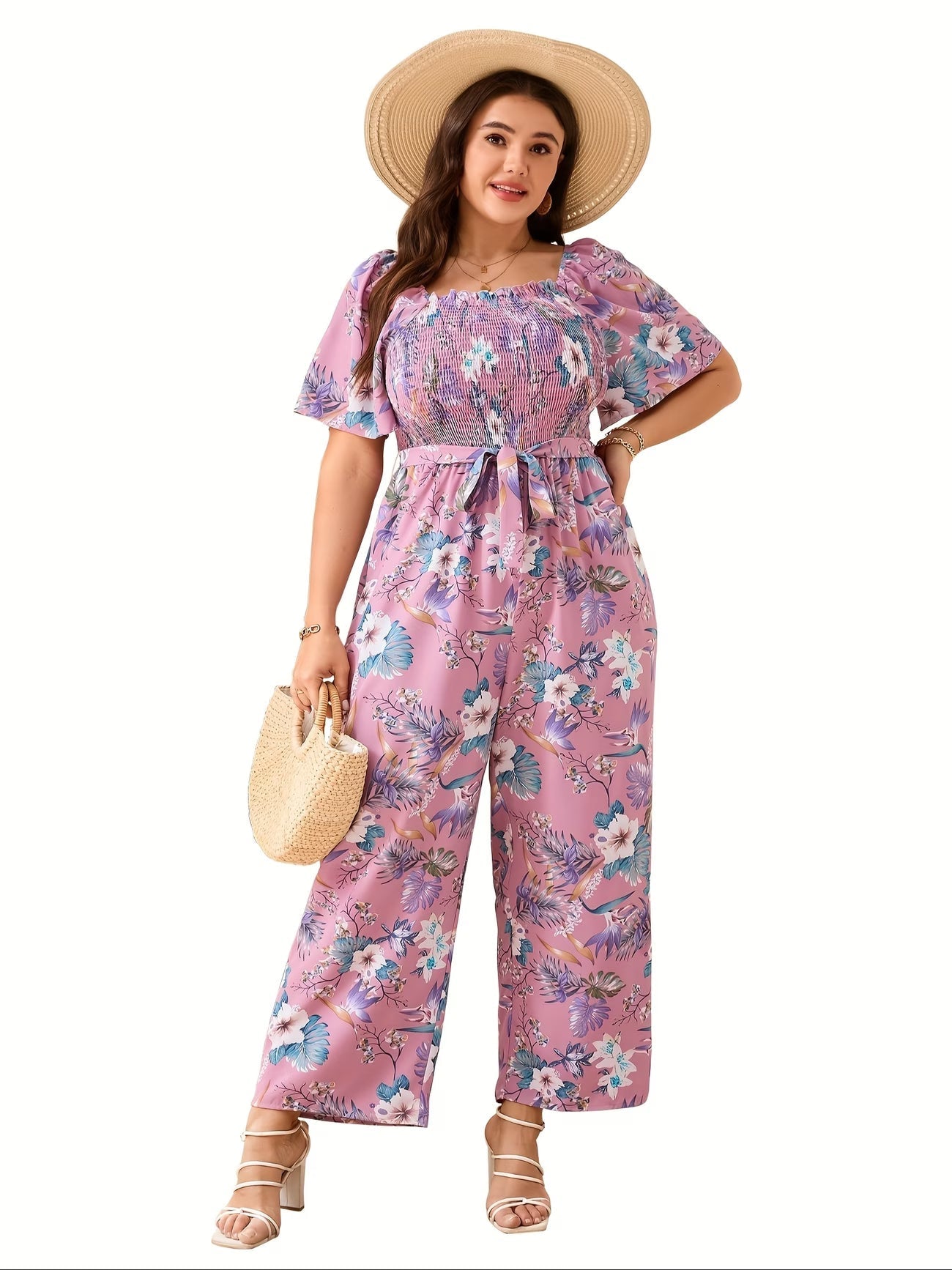 CurveBloom Plus Size Floral Wide-Leg Jumpsuit with Tie Belt