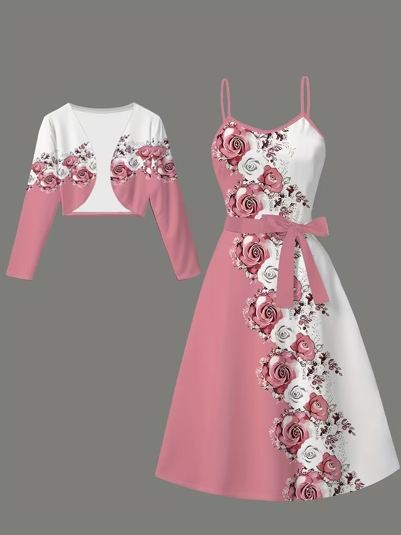 Women's 3D Geometric Print Coat & Dress Set | Elegant Black & White Gradient Outfit