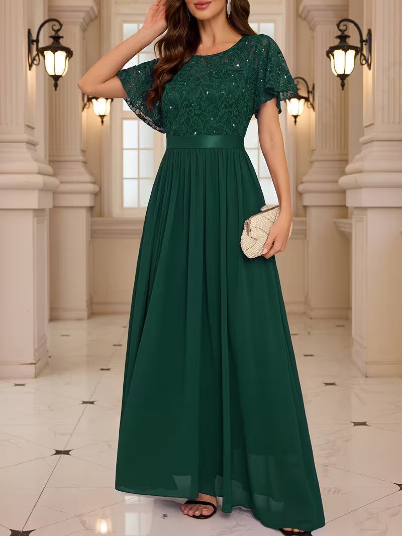 Women's Lace Round Neck Maxi Dress | Formal Party Wear