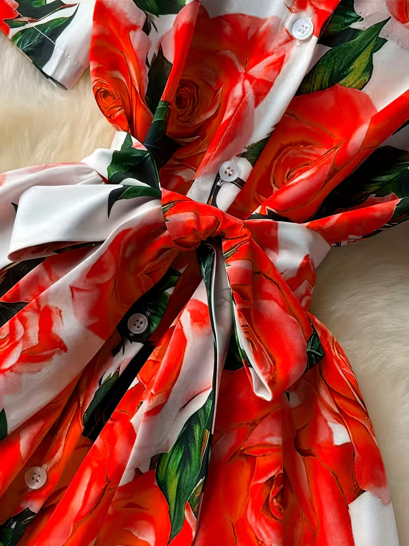 Women's Premium Floral Belted Midi Dress