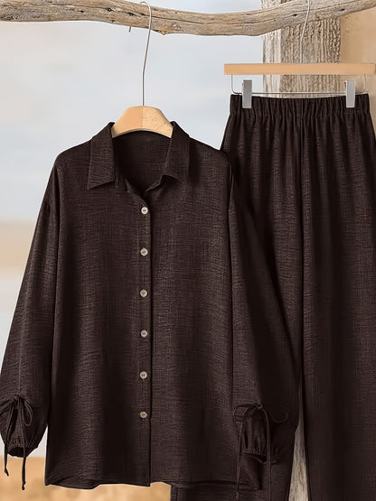 Women’s Solid Button-Down Shirt & Pant Set