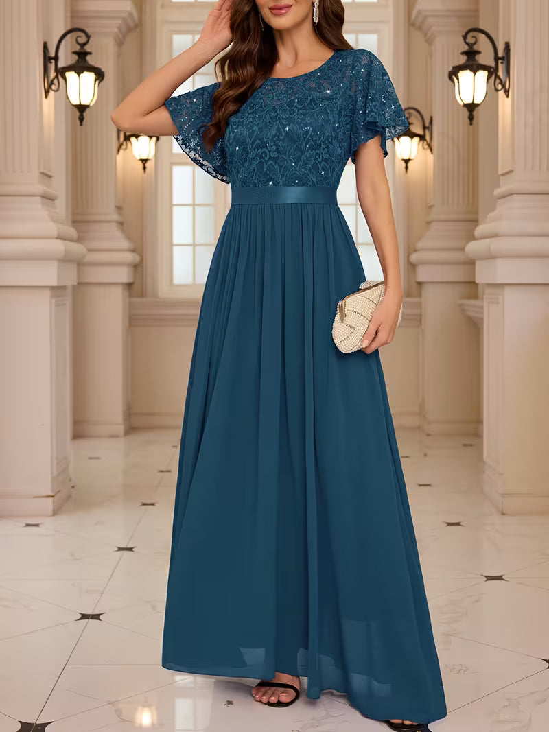 Women's Lace Round Neck Maxi Dress | Formal Party Wear