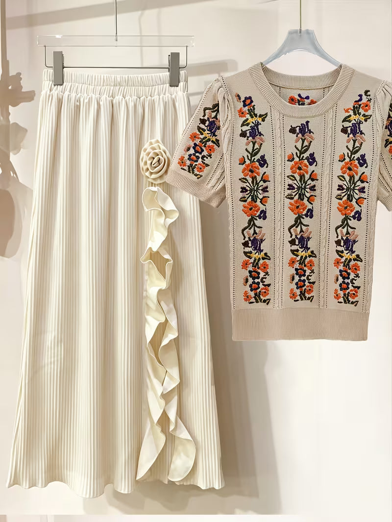 Rose Embroidery Top & Midi Skirt Set