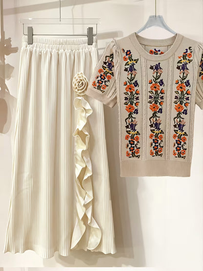 Rose Embroidery Top & Midi Skirt Set