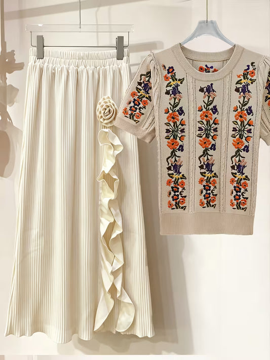 Rose Embroidery Top & Midi Skirt Set