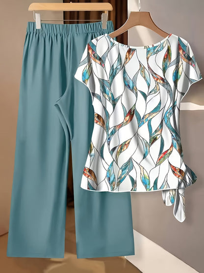 Women's Floral Print Tie-Front Shirt & Wide-Leg Pants Two-Piece Set