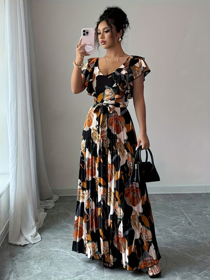 Women’s Floral Printed Pleated Maxi Dress