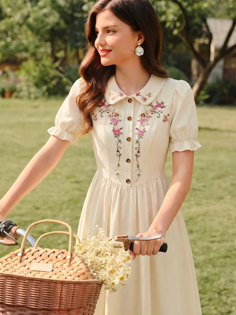 Women's Vintage Floral Puff Sleeve Midi Dress