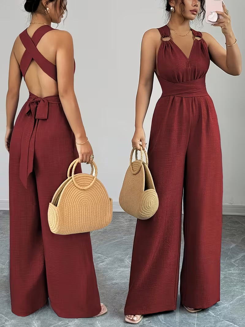 Elegant Cross-Back Wide Leg Jumpsuit for Women – Sleeveless Backless Casual Party Romper