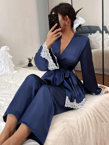Elegant Lace Trim Robe & Pajama Set