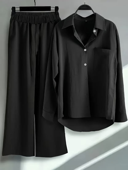 Women’s Solid Button-Down Shirt & Pant Set