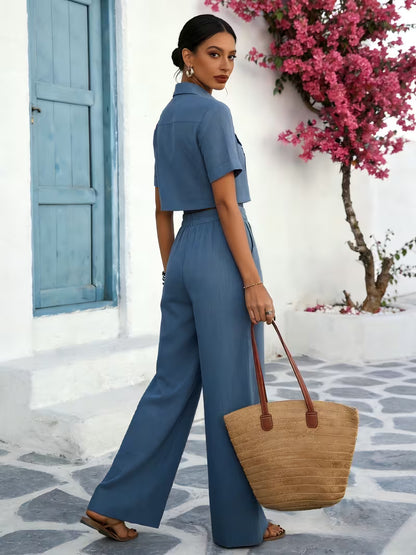 Women's Solid Lapel 2-Piece Co-Ord Set | Elegant Shirt & Wide-Leg Pants Outfit