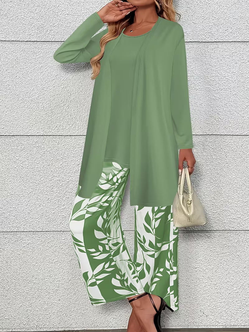 Women's 3-Piece Printed Co-Ord Set | Cardigan, Tank Top & Wide-Leg Pants